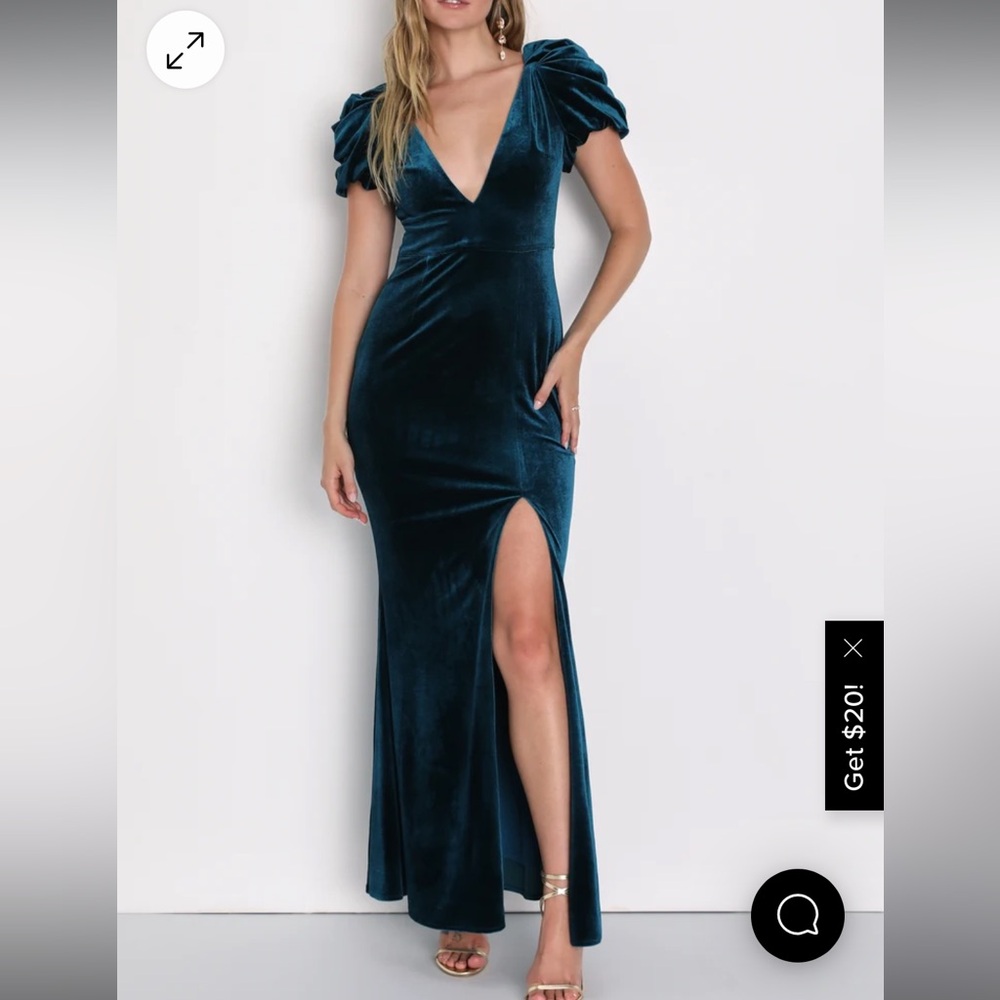 Teal blue velvet puff sleeve formal dress Size XS